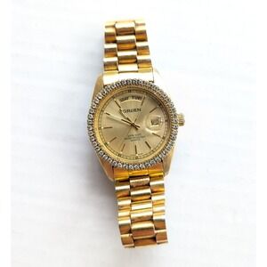 NEEDS BATTERY Gruen Presidents Day Watch Quartz Gold Tone Dial Crystal Bezel